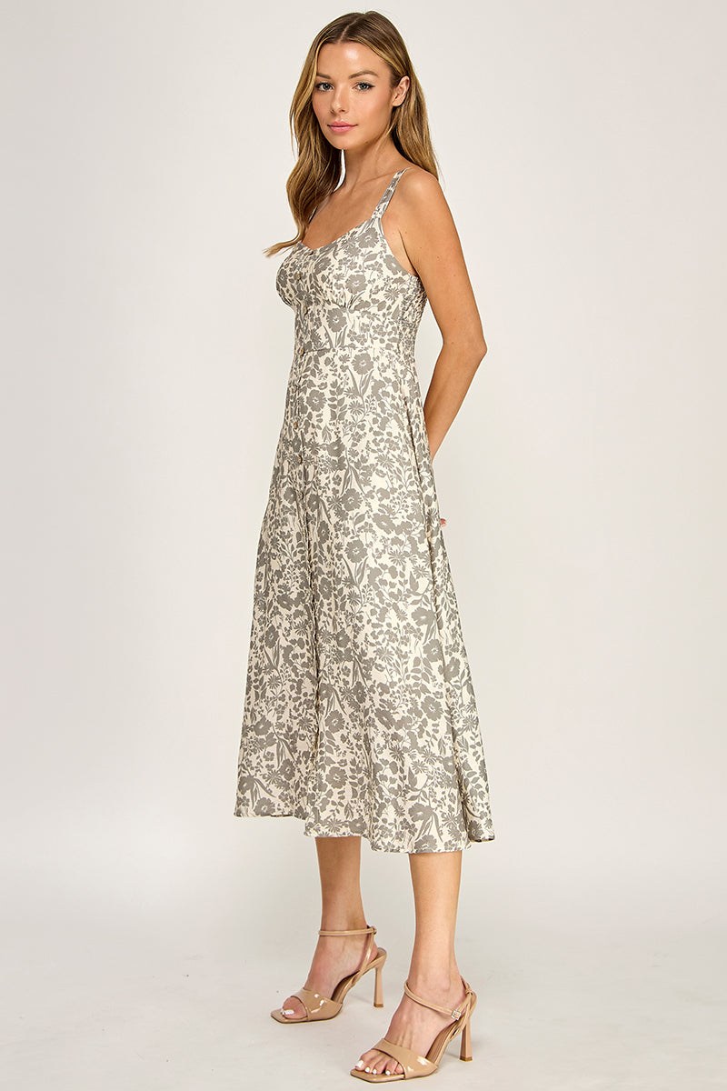 D5696 Floral Button Detail V-neck Midi Dress