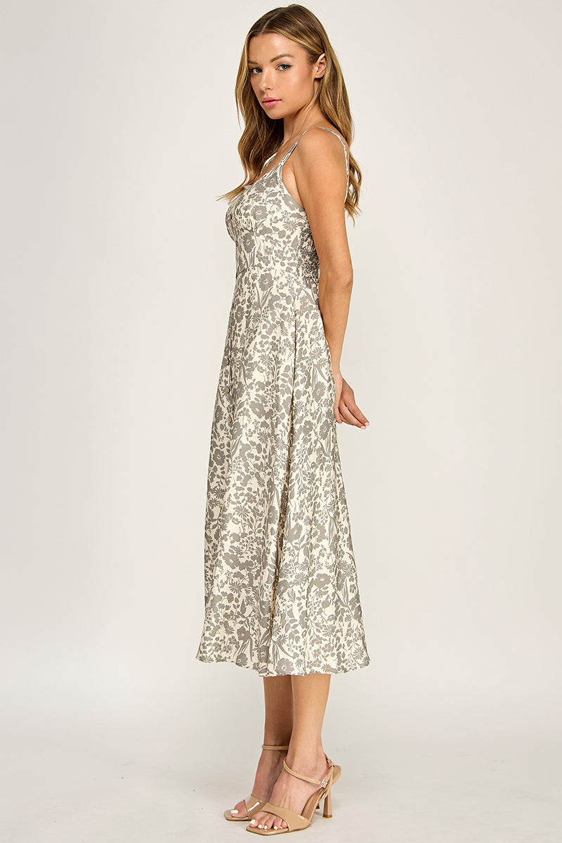 D5696 Floral Button Detail V-neck Midi Dress