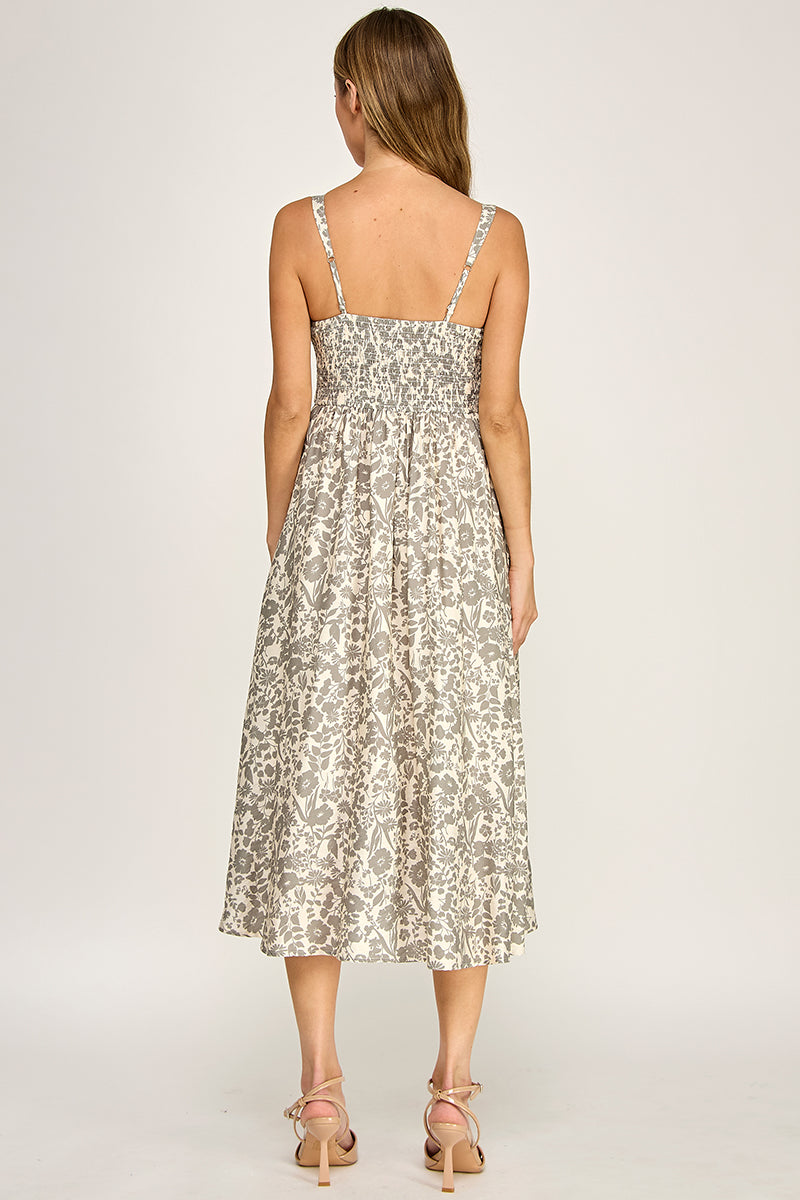D5696 Floral Button Detail V-neck Midi Dress