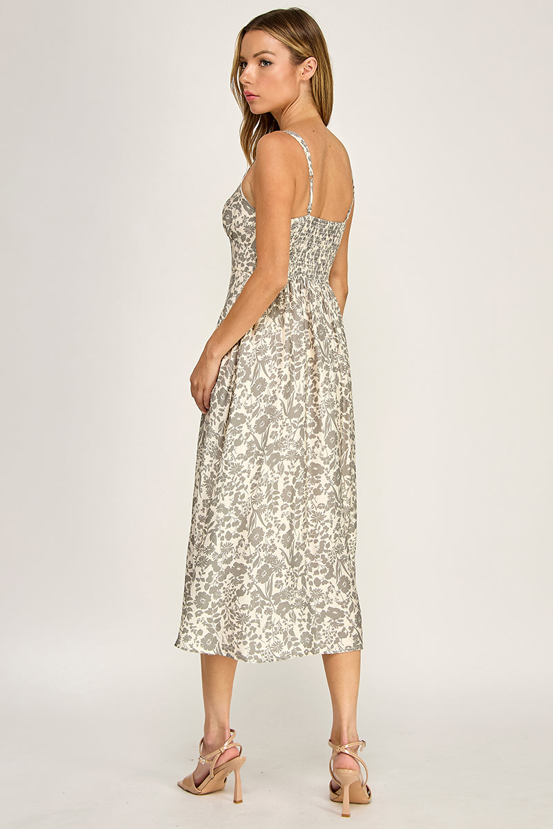 D5696 Floral Button Detail V-neck Midi Dress