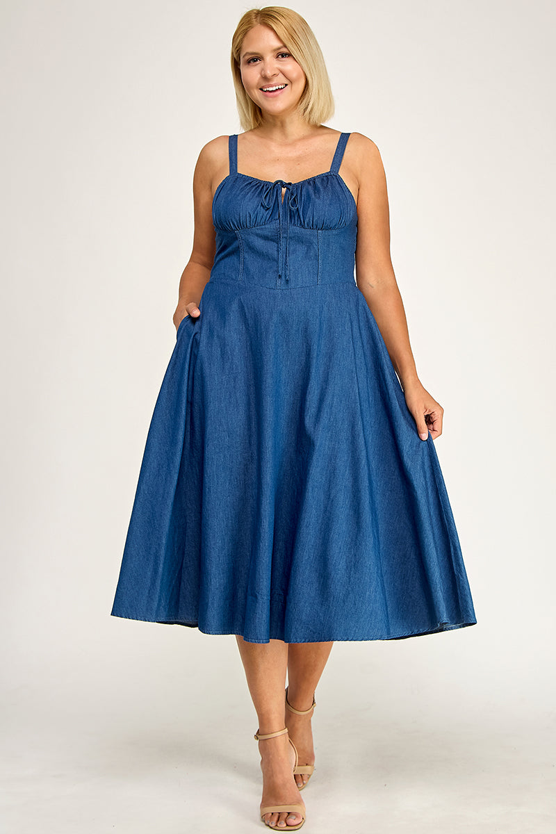 D5636X Plus-Size Drawstring Denim Midi Dress