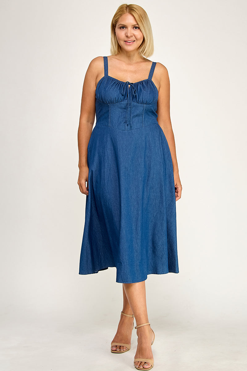 D5636X Plus-Size Drawstring Denim Midi Dress