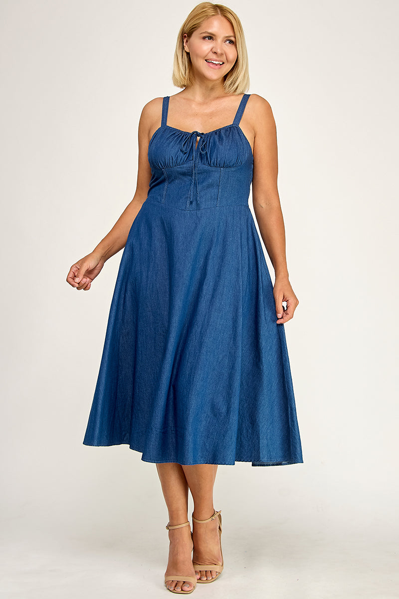 D5636X Plus-Size Drawstring Denim Midi Dress