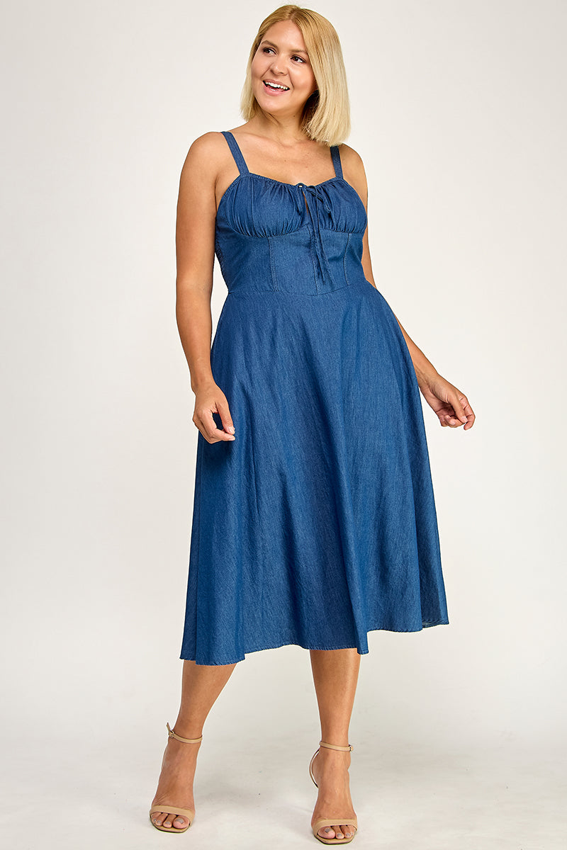 D5636X Plus-Size Drawstring Denim Midi Dress