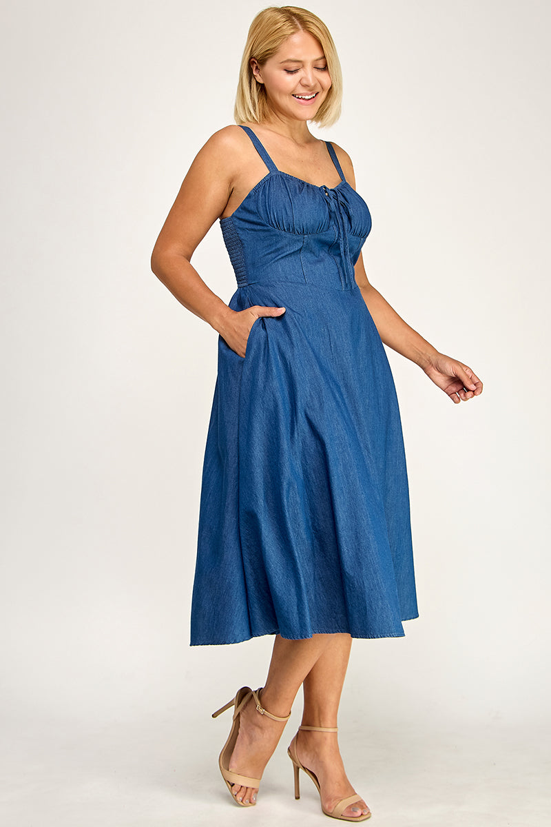 D5636X Plus-Size Drawstring Denim Midi Dress