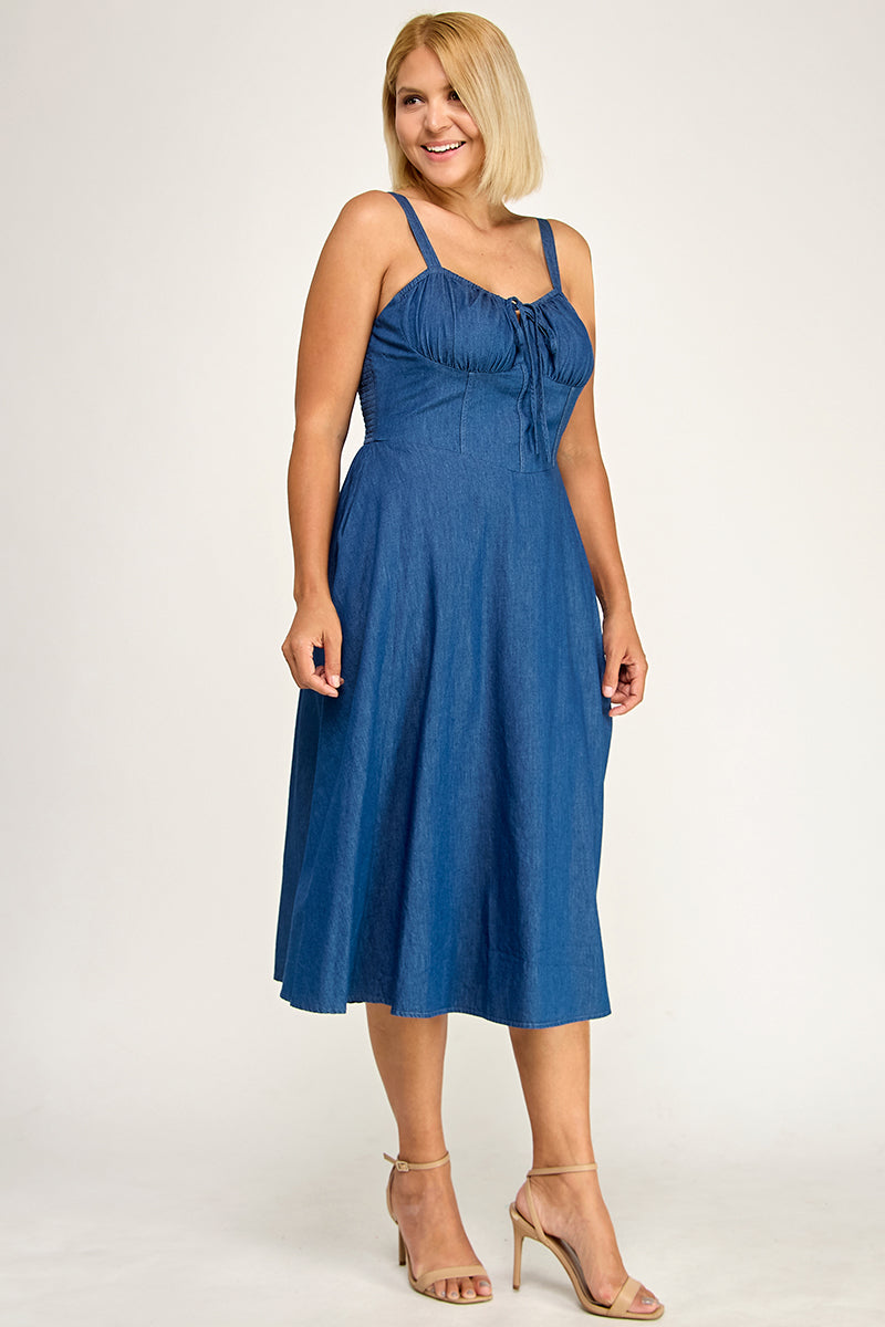 D5636X Plus-Size Drawstring Denim Midi Dress