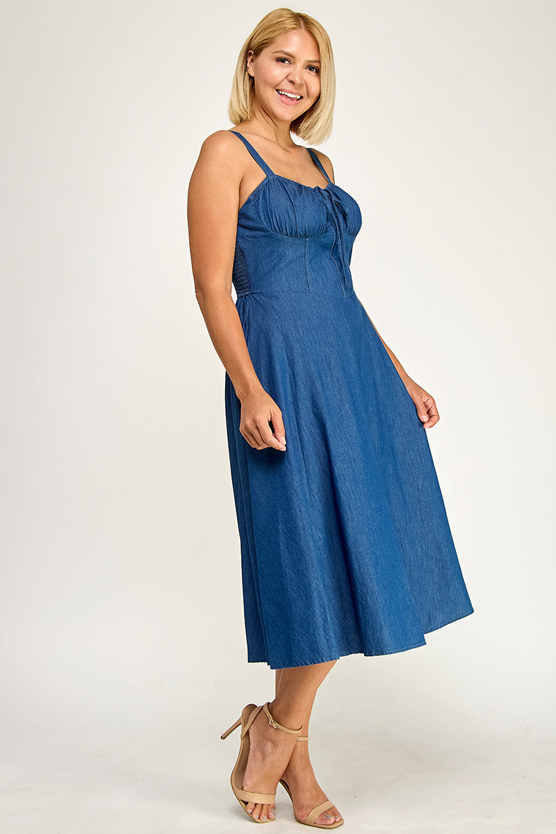D5636X Plus-Size Drawstring Denim Midi Dress