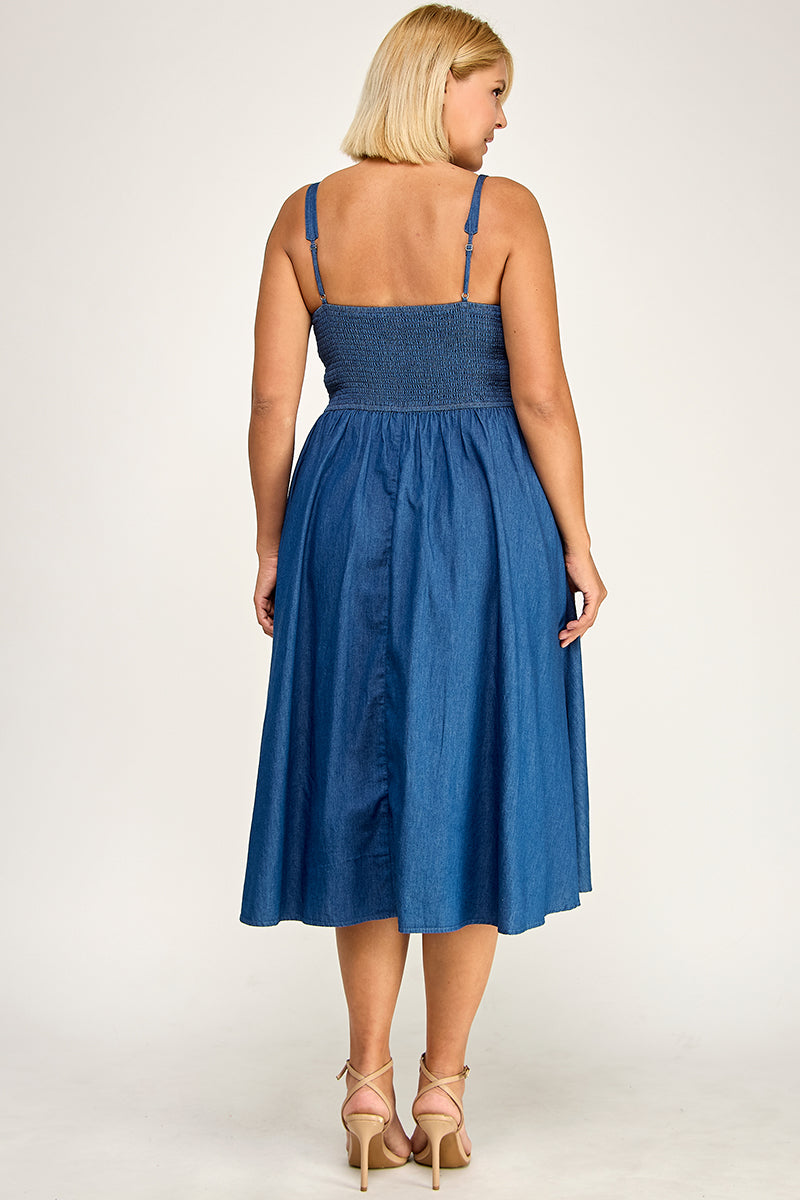 D5636X Plus-Size Drawstring Denim Midi Dress