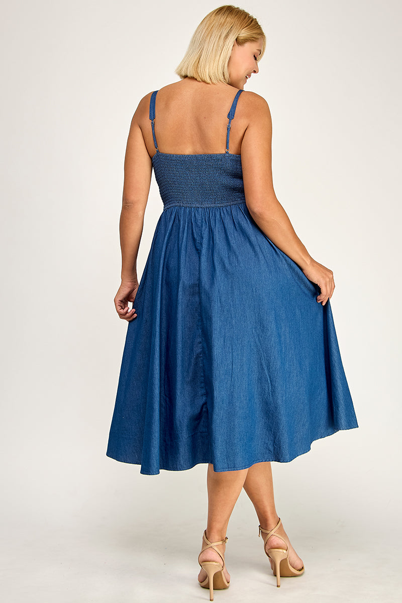 D5636X Plus-Size Drawstring Denim Midi Dress