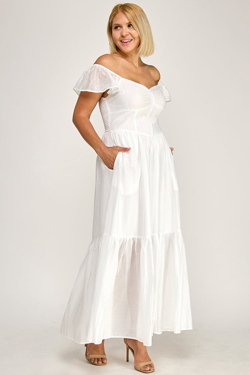 D5398X-1 Flutter Sleeve Smocked Midi Dress