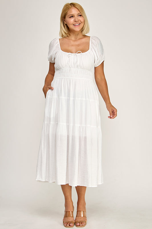 D5623X Bubble Sleeve Peasant Midi Dress
