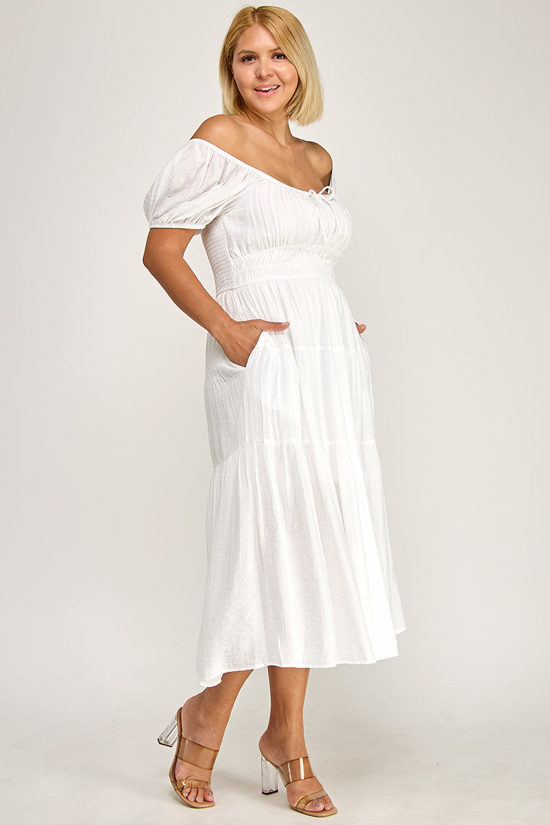 D5623X Bubble Sleeve Peasant Midi Dress