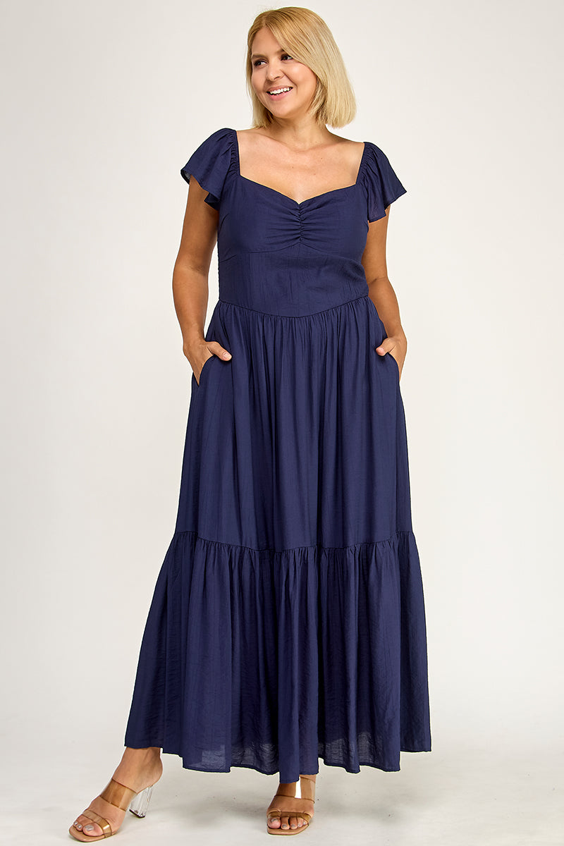 D5398X-1 Flutter Sleeve Smocked Midi Dress