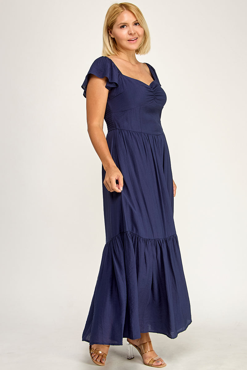 D5398X-1 Flutter Sleeve Smocked Midi Dress