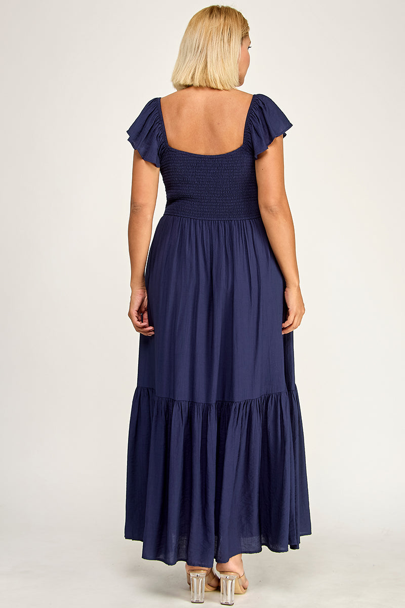 D5398X-1 Flutter Sleeve Smocked Midi Dress