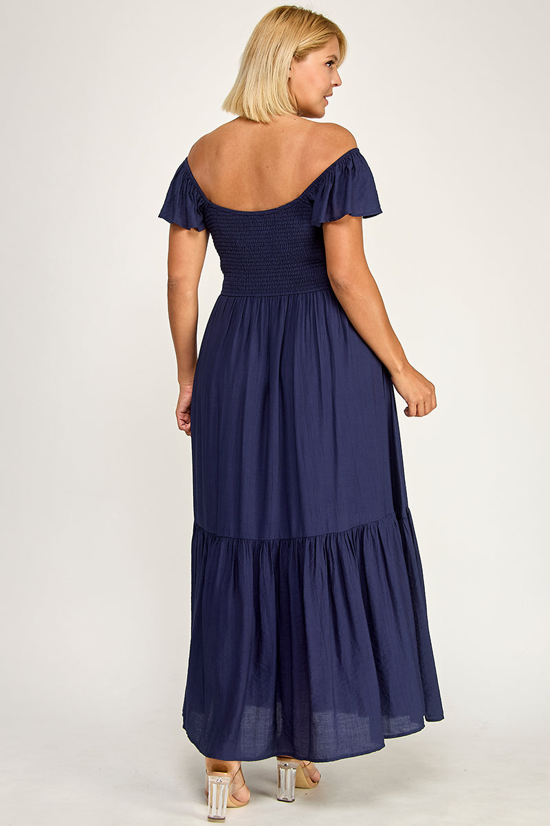 D5398X-1 Flutter Sleeve Smocked Midi Dress