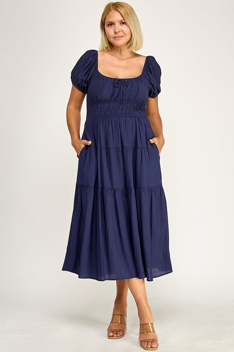 D5623X Bubble Sleeve Peasant Midi Dress
