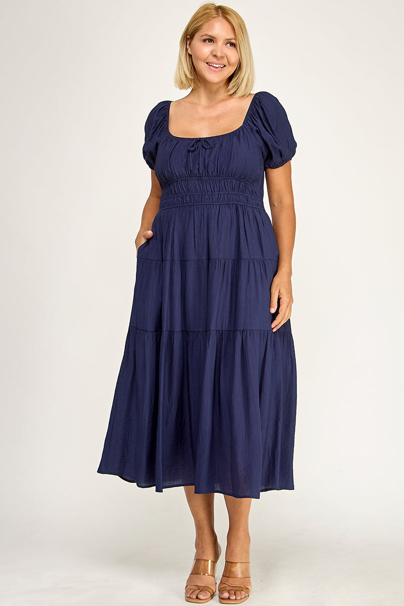 D5623X Bubble Sleeve Peasant Midi Dress