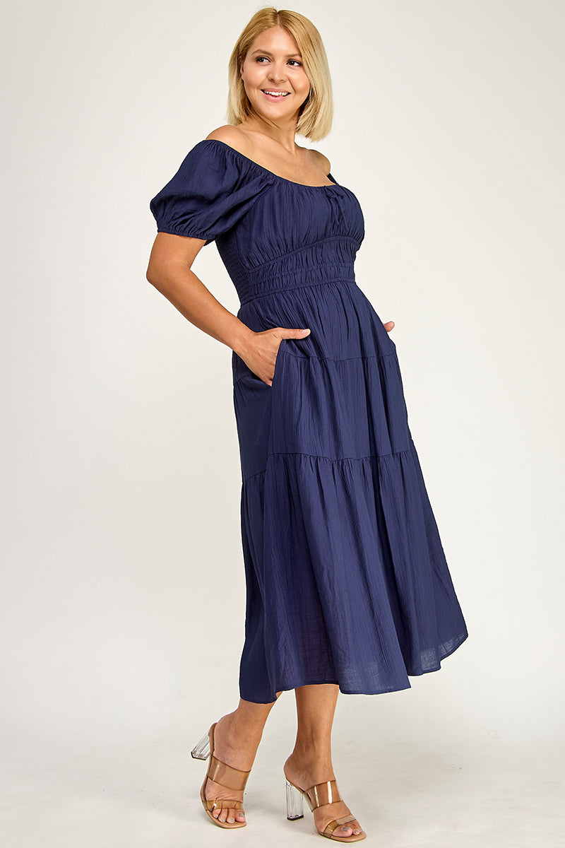 D5623X Bubble Sleeve Peasant Midi Dress
