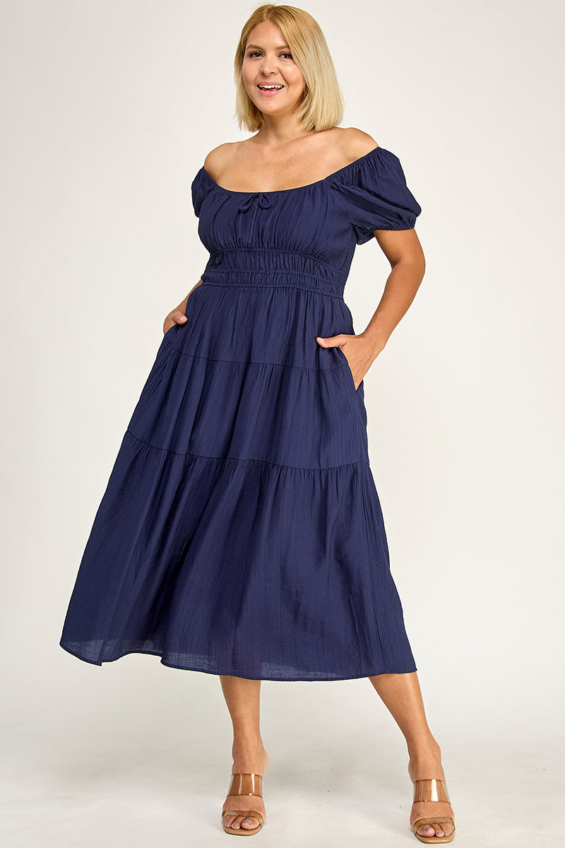 D5623X Bubble Sleeve Peasant Midi Dress