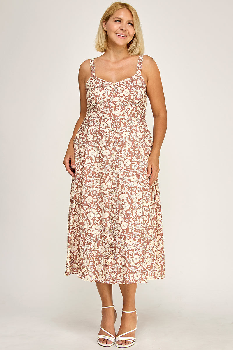 D5696X Plus-Size Floral Button-Up Midi Dress
