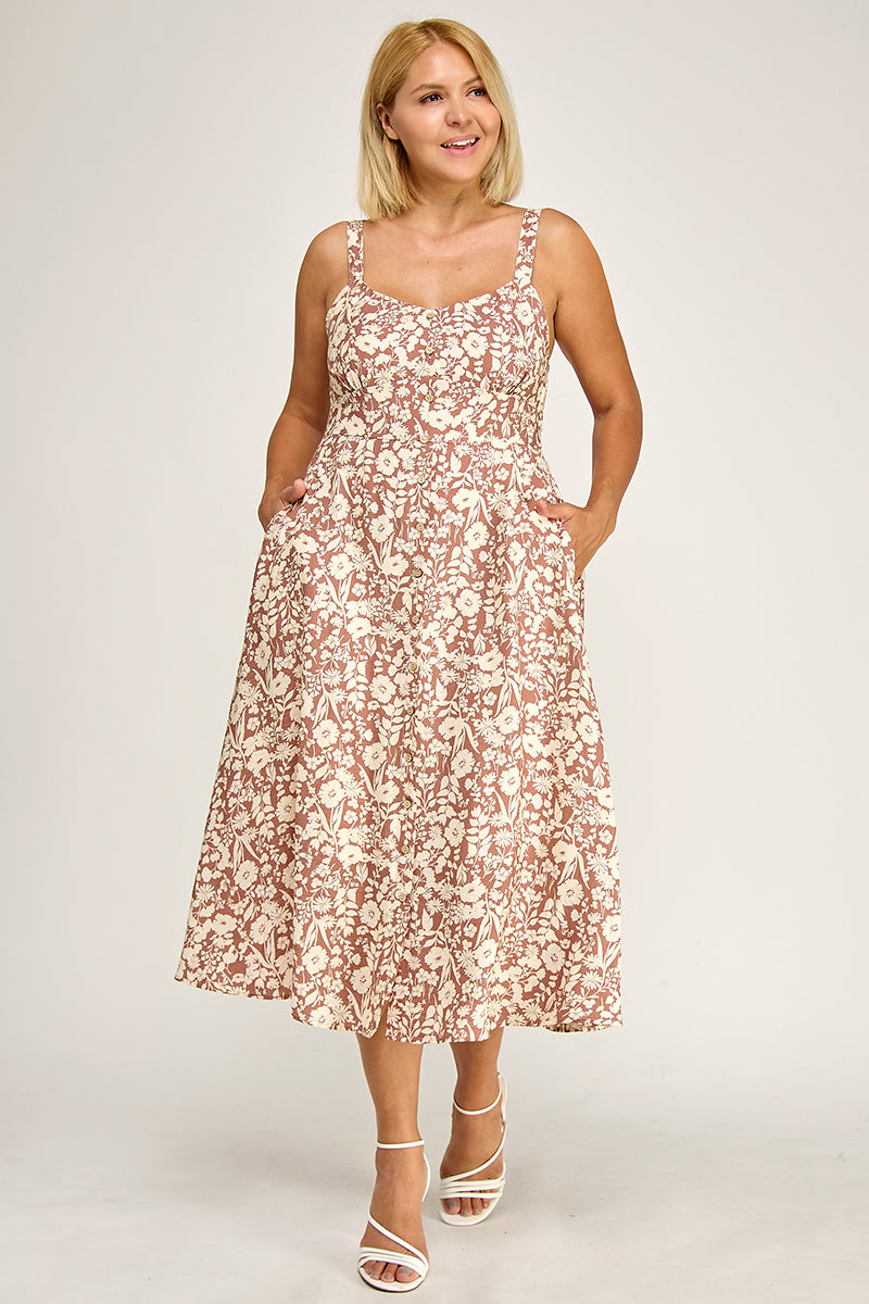 D5696X Plus-Size Floral Button-Up Midi Dress