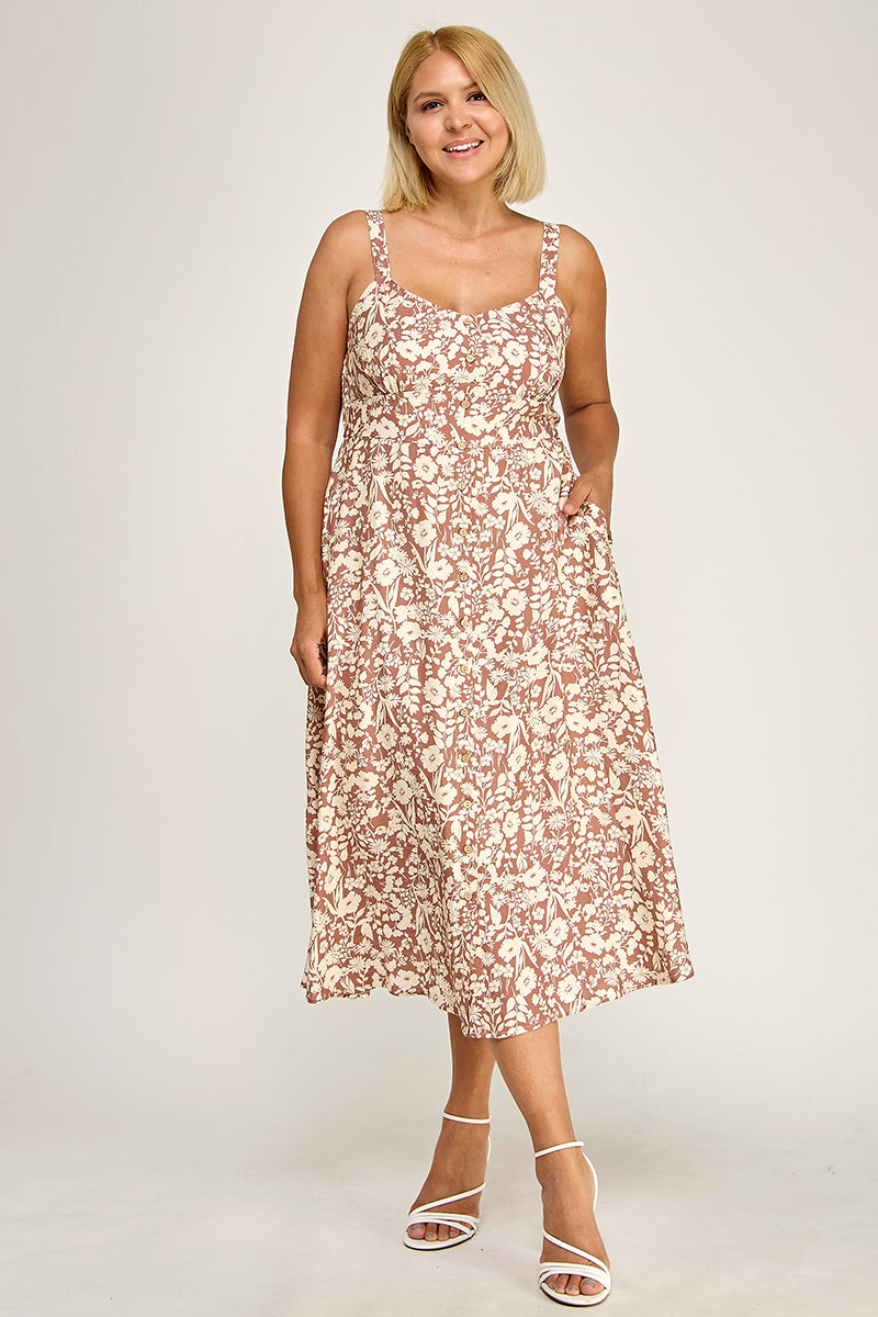 D5696X Plus-Size Floral Button-Up Midi Dress
