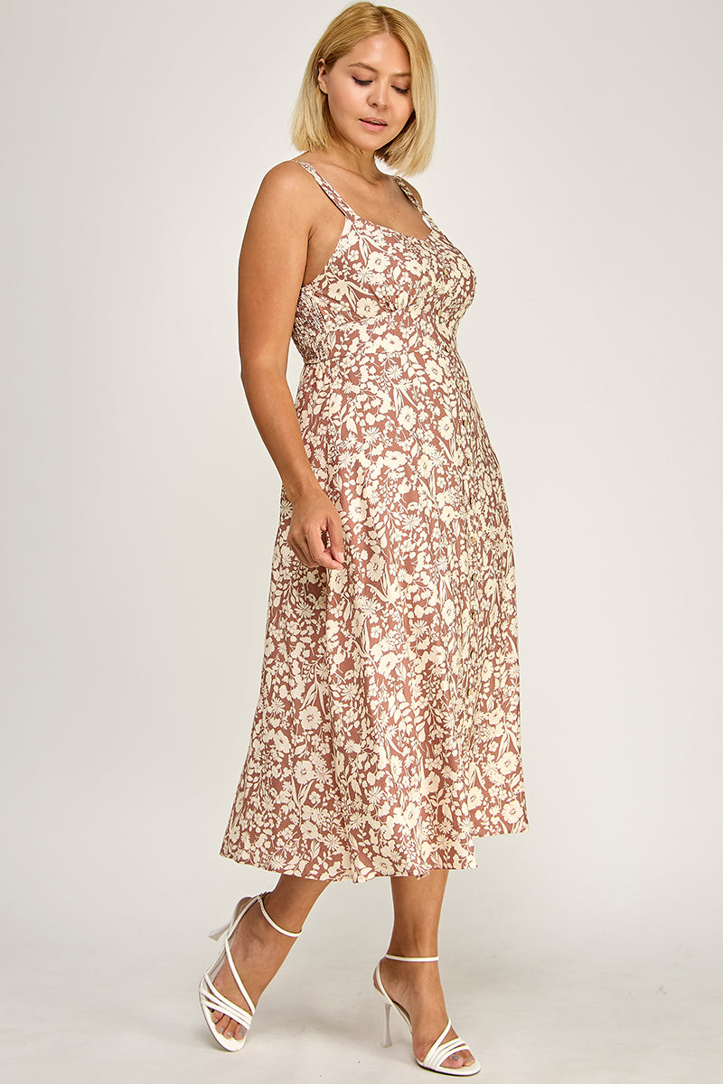 D5696X Plus-Size Floral Button-Up Midi Dress