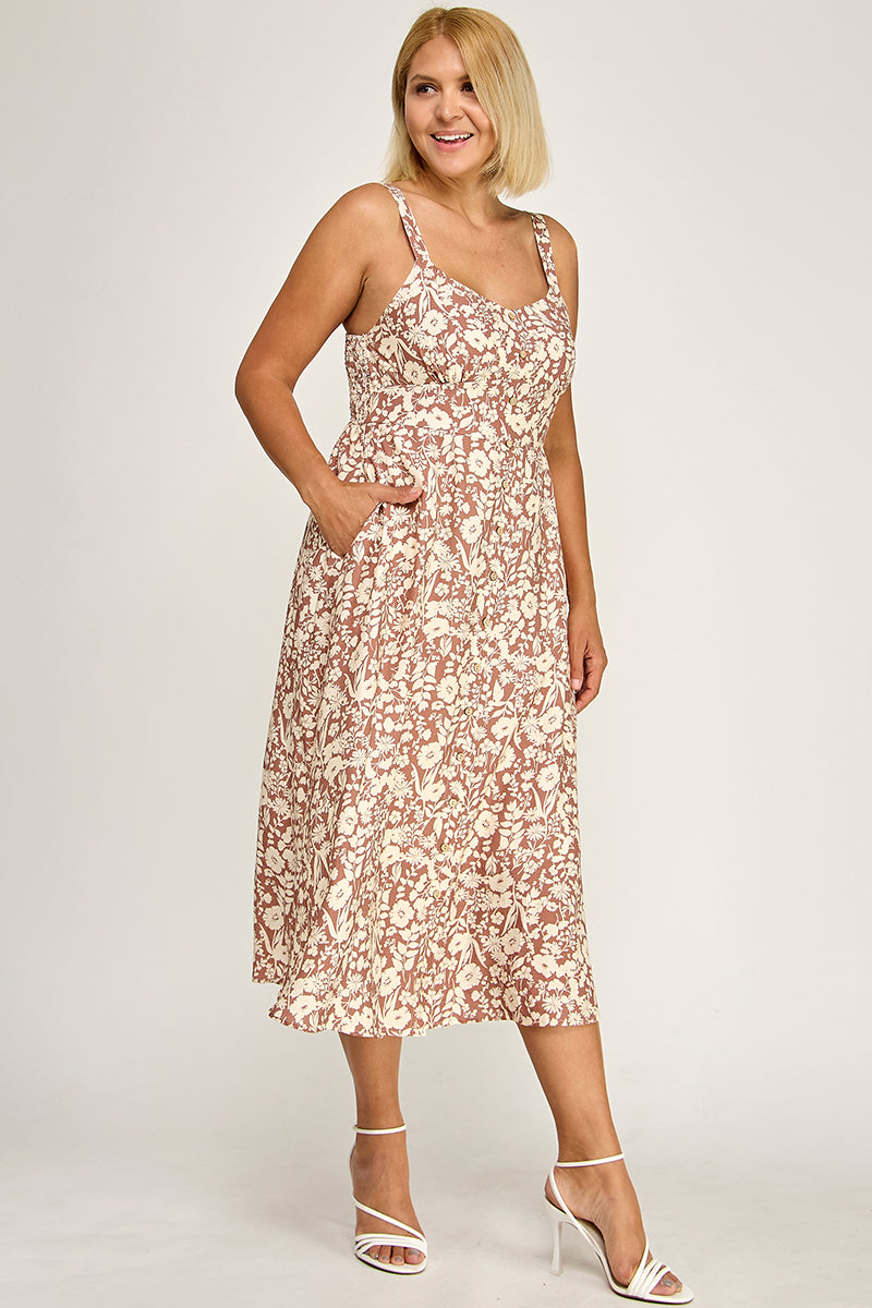 D5696X Plus-Size Floral Button-Up Midi Dress