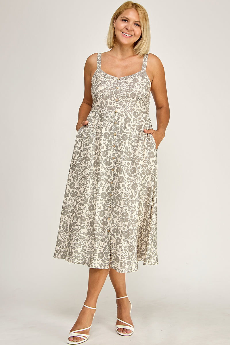 D5696X Plus-Size Floral Button-Up Midi Dress