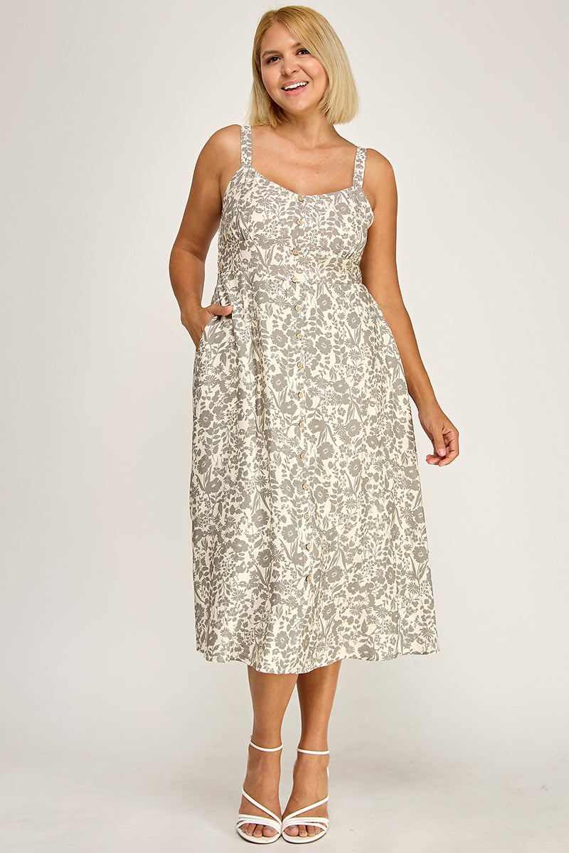 D5696X Plus-Size Floral Button-Up Midi Dress