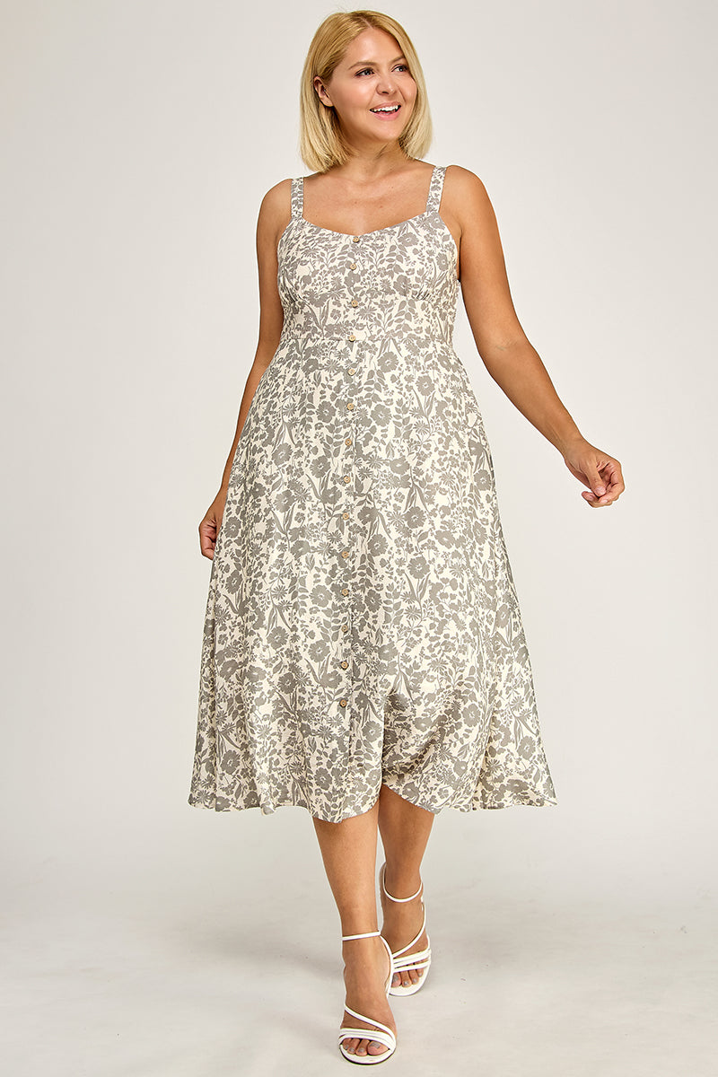 D5696X Plus-Size Floral Button-Up Midi Dress