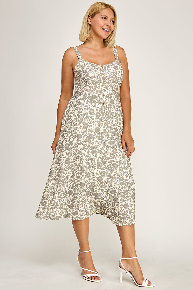 D5696X Plus-Size Floral Button-Up Midi Dress