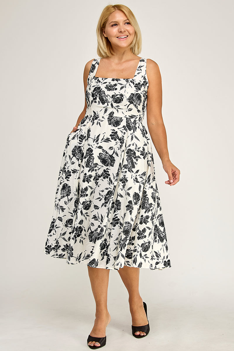 D5421X Crinkled Rose Print Dress with Pockets