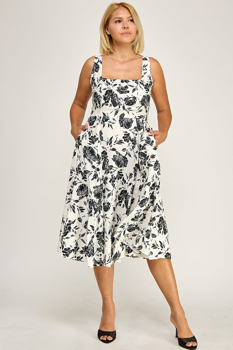 D5421X Crinkled Rose Print Dress with Pockets