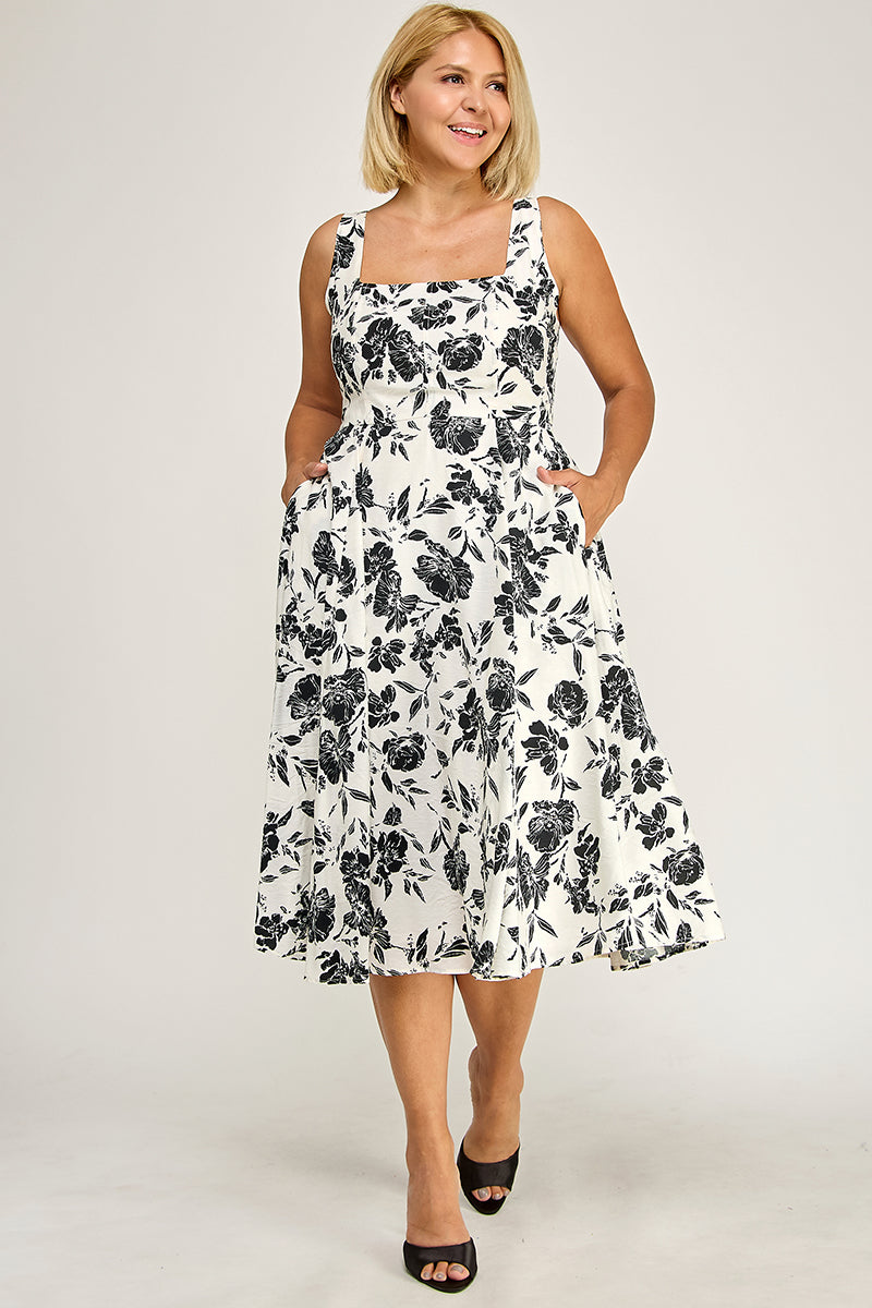 D5421X Crinkled Rose Print Dress with Pockets