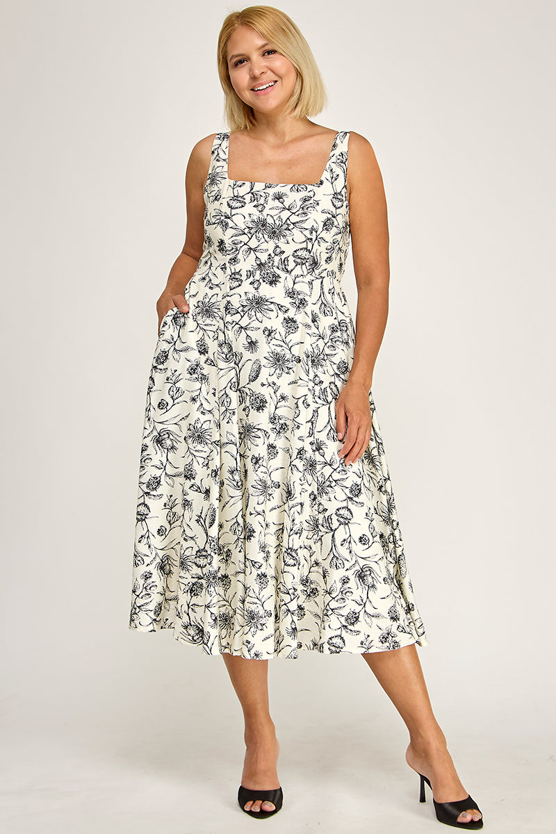 D5421X-2S Plus-Size Printed Square Neck Midi Dress