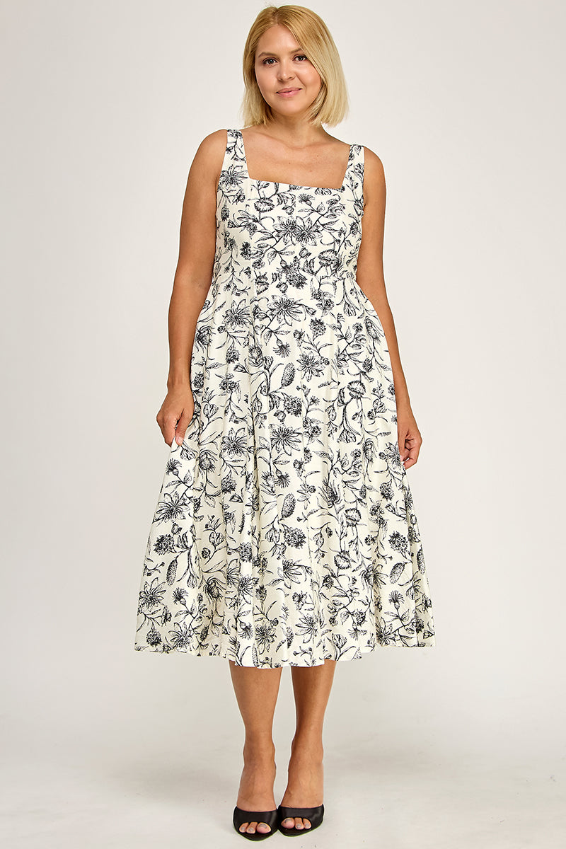 D5421X-2S Plus-Size Printed Square Neck Midi Dress