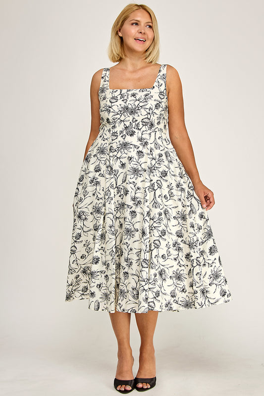 D5421X-2S Plus-Size Printed Square Neck Midi Dress