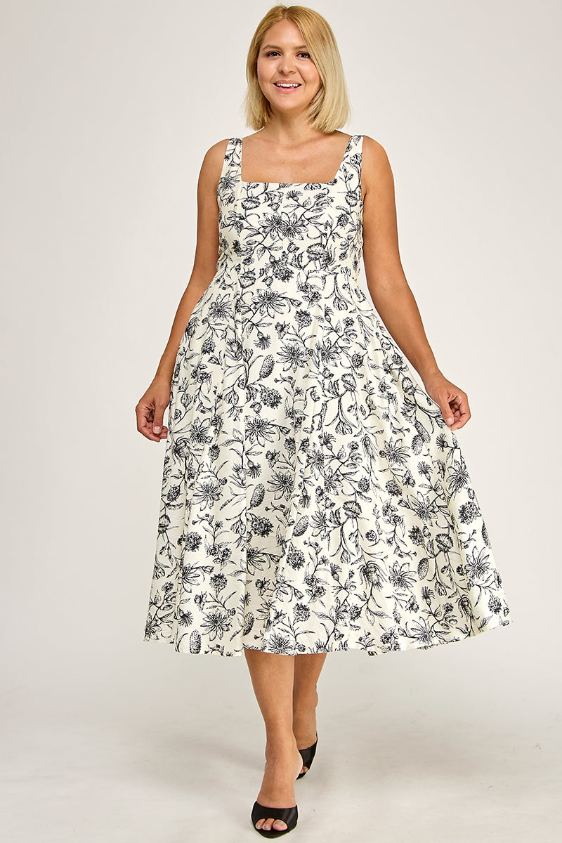 D5421X-2S Plus-Size Printed Square Neck Midi Dress