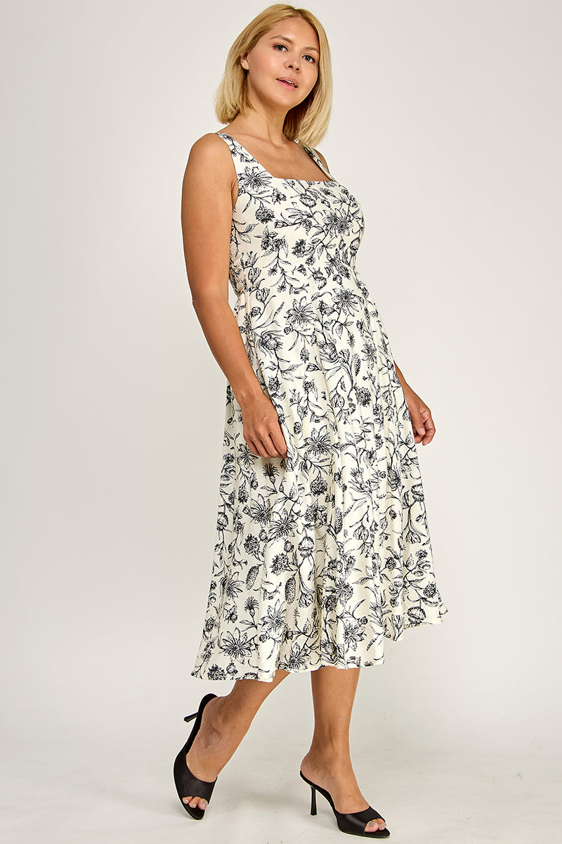 D5421X-2S Plus-Size Printed Square Neck Midi Dress
