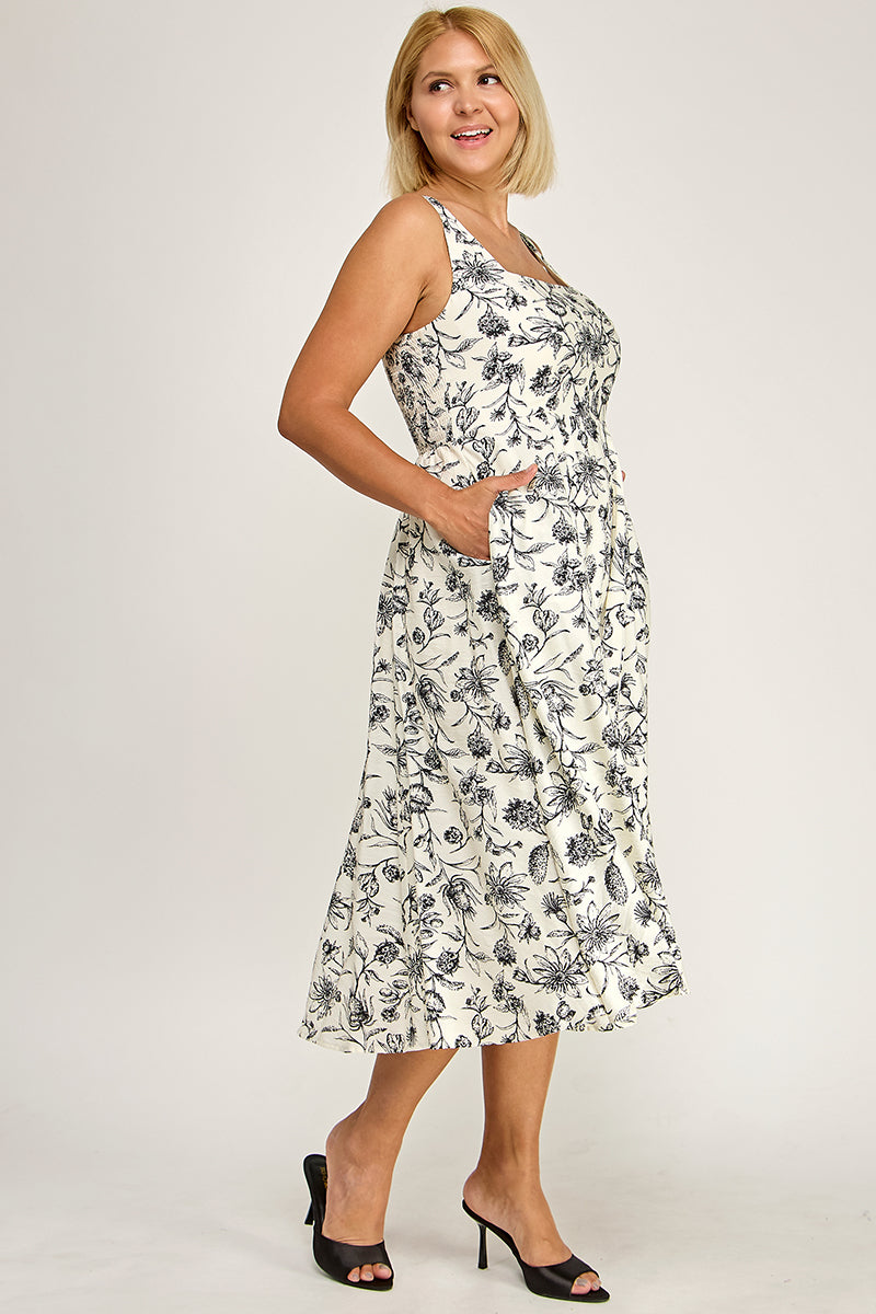 D5421X-2S Plus-Size Printed Square Neck Midi Dress