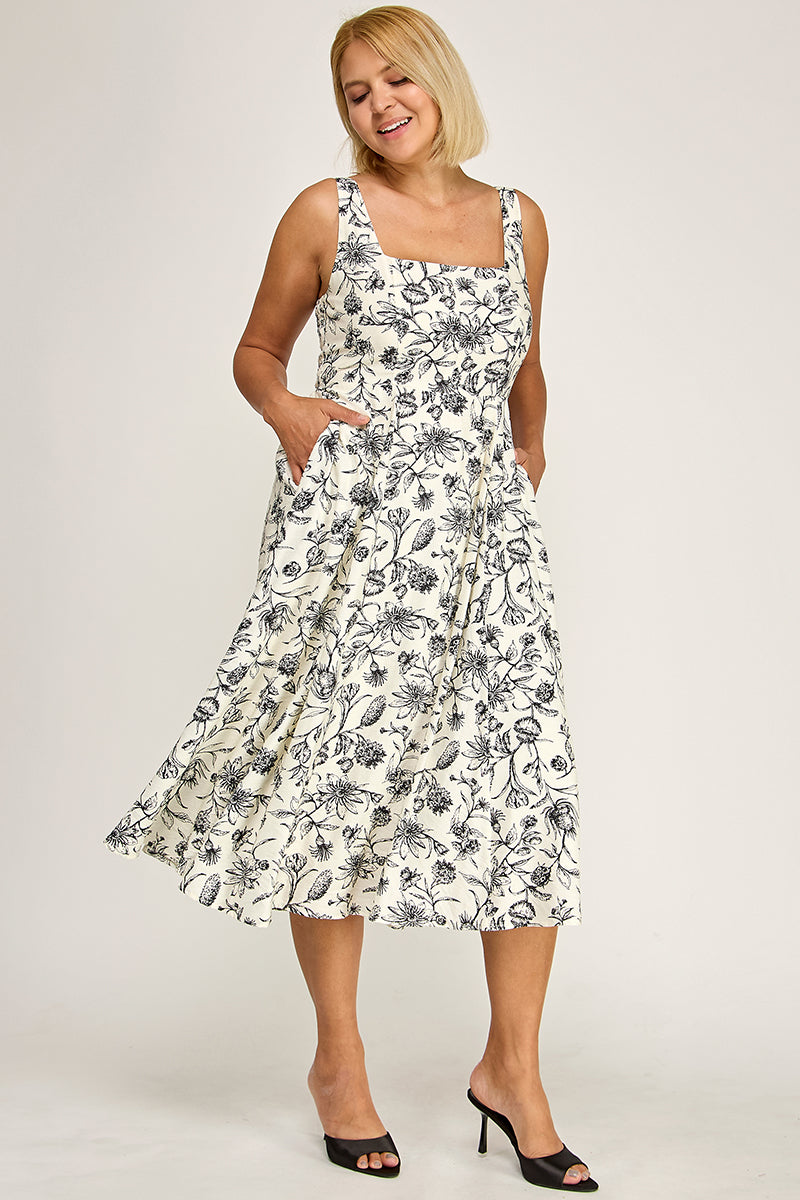 D5421X-2S Plus-Size Printed Square Neck Midi Dress
