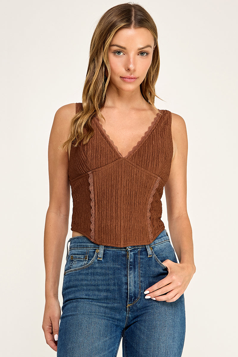 T5559 Madi Lace Trim Ribbed Corset Top