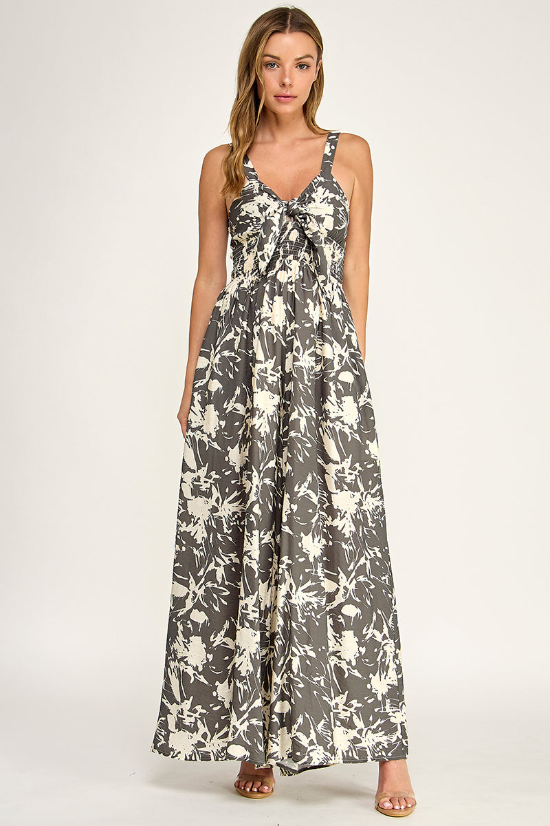 J5631-1 Tropical Leaf Print Tie-Front Wide Leg Jumpsuit