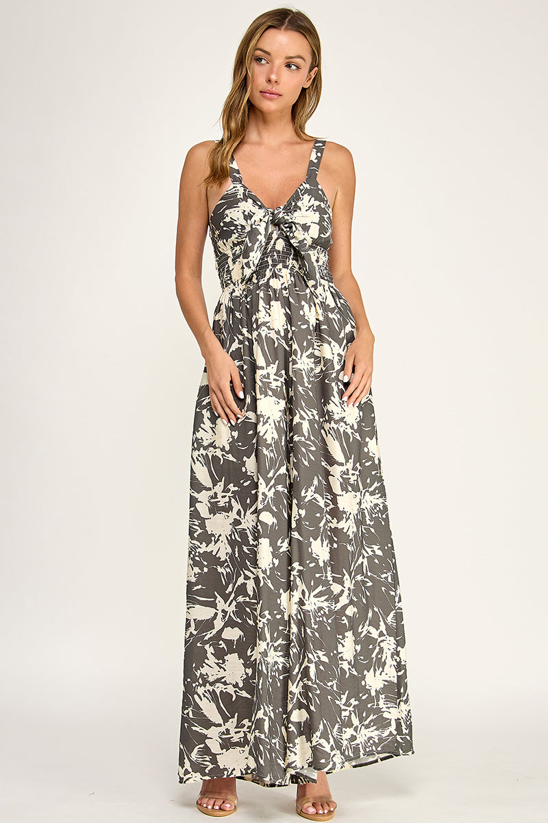 J5631-1 Tropical Leaf Print Tie-Front Wide Leg Jumpsuit