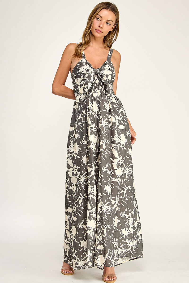 J5631-1 Tropical Leaf Print Tie-Front Wide Leg Jumpsuit