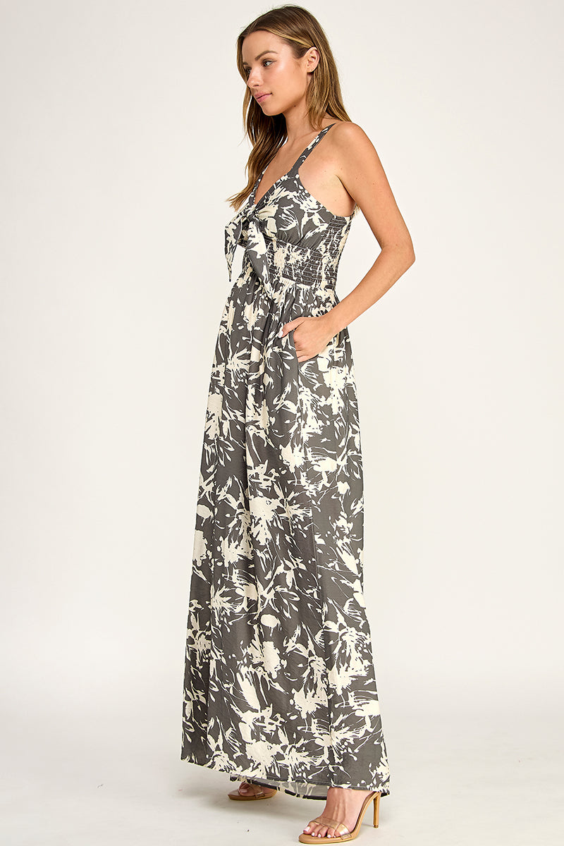 J5631-1 Tropical Leaf Print Tie-Front Wide Leg Jumpsuit