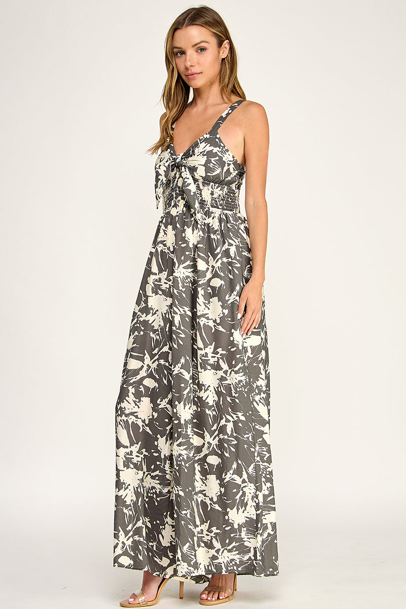 J5631-1 Tropical Leaf Print Tie-Front Wide Leg Jumpsuit