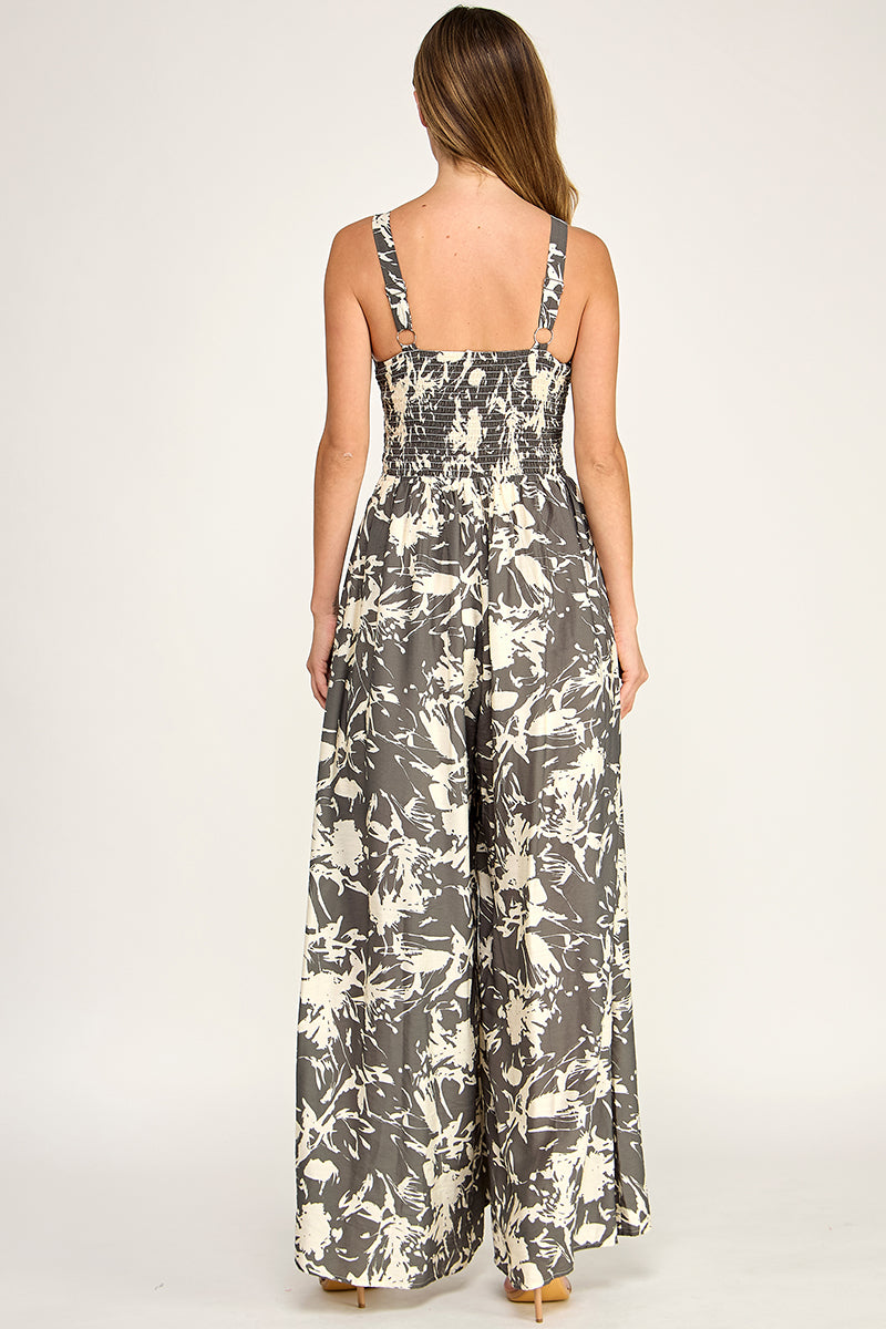 J5631-1 Tropical Leaf Print Tie-Front Wide Leg Jumpsuit